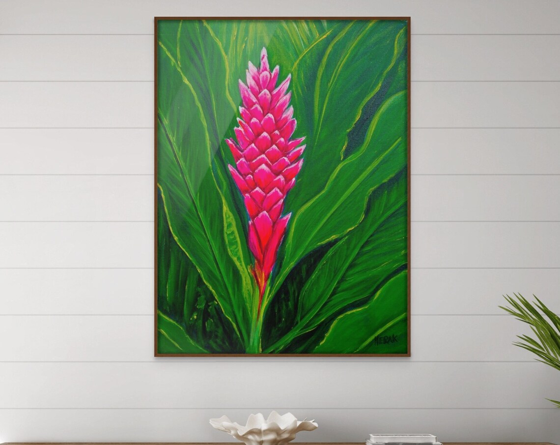 Pink Torch Ginger Flower Painting Tropical Bloom Green Leaves Poster