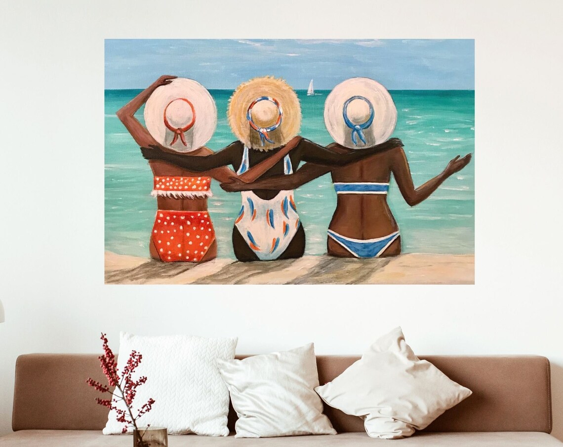Three Friends Beach Swimsuits Sunhats Ocean View Sisterhood Poster