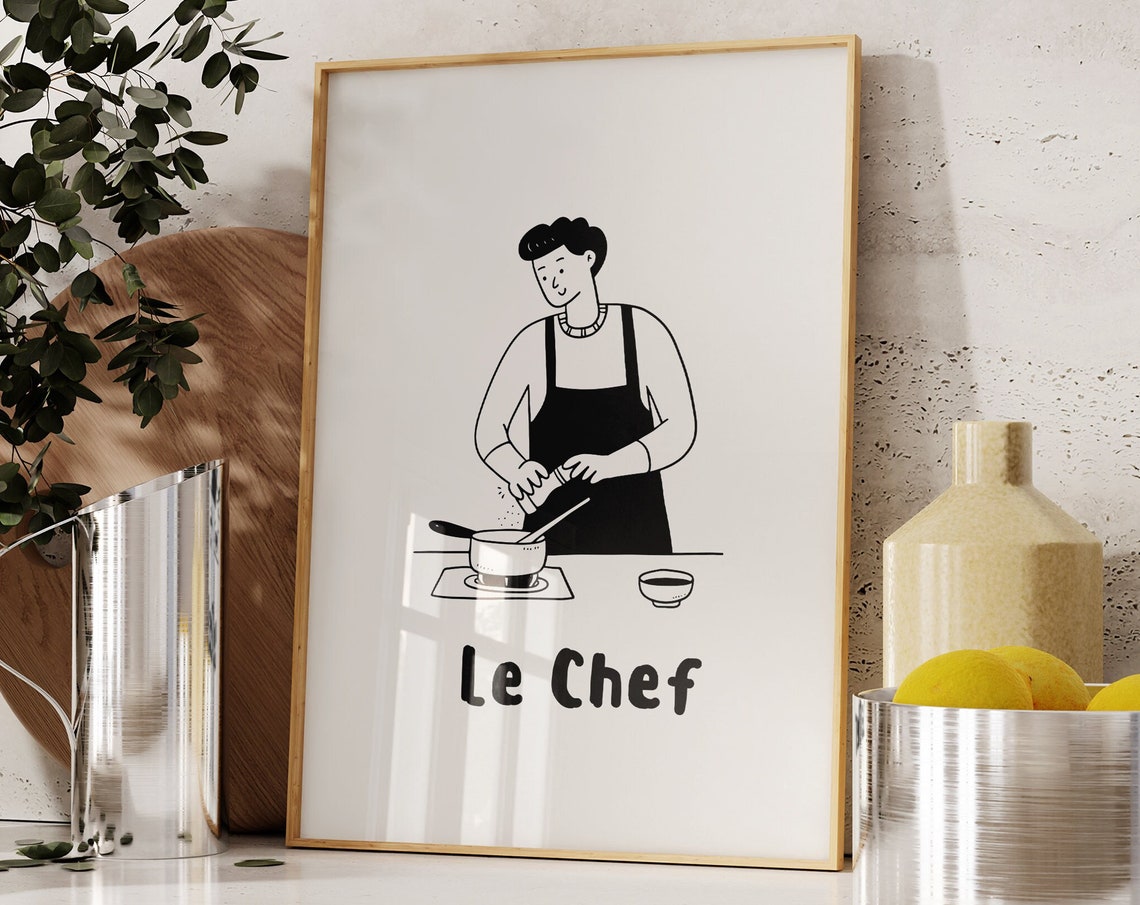 Le Chef Minimalist French Chef Whisking Soup Kitchen Art Poster