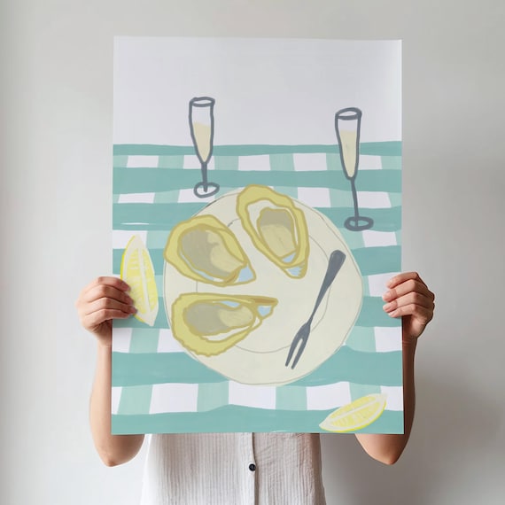 Oysters Champagne Coastal Table Art Poster Teal Stripe Kitchen Decor
