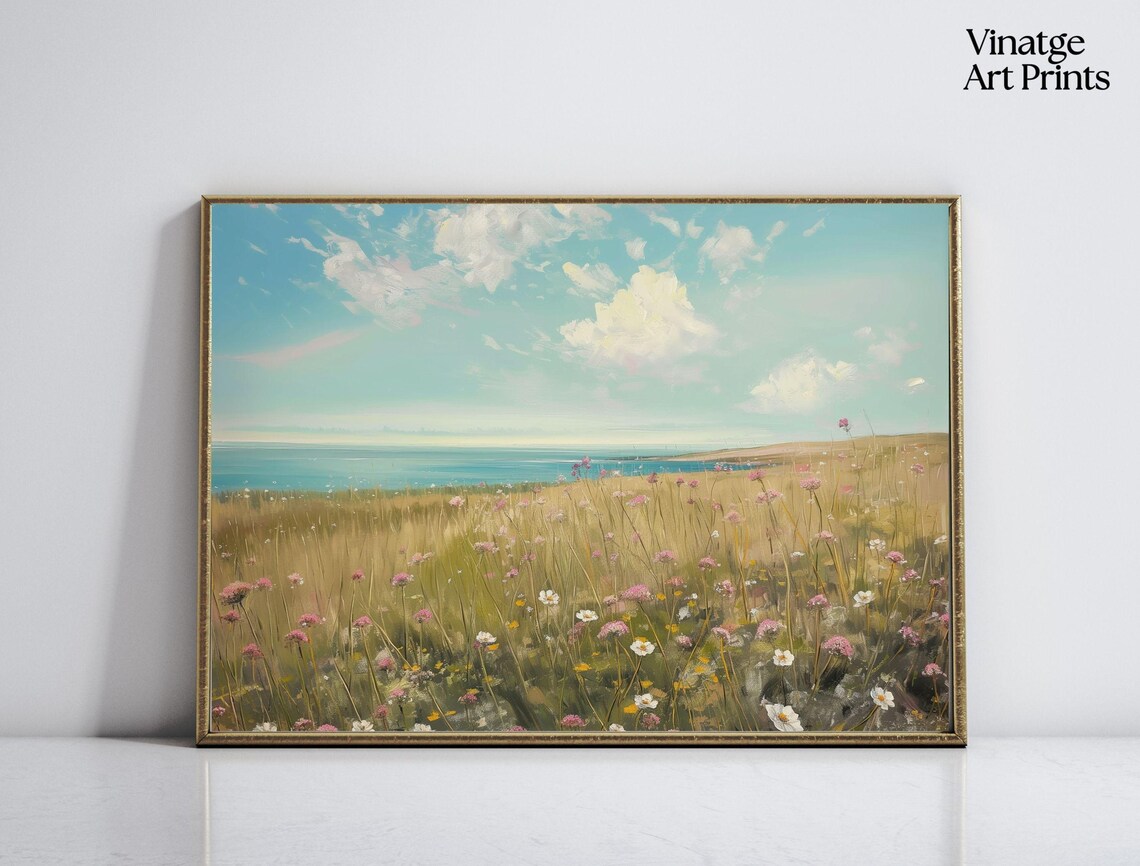 Coastal Wildflower Meadow Painting Vintage Summer Seaside Landscape Poster