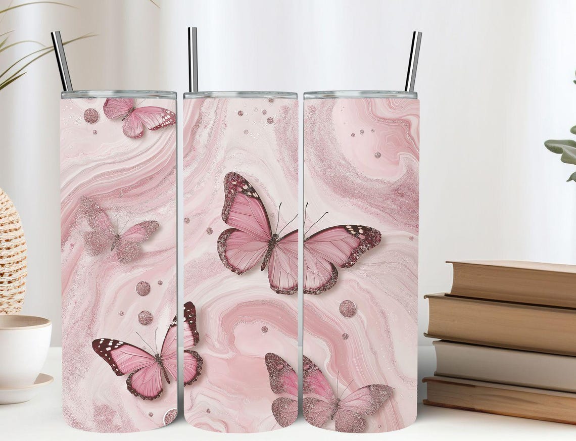 Pink Marble Butterfly Glitter Tumbler Wrap Elegant Design Print - Image 7