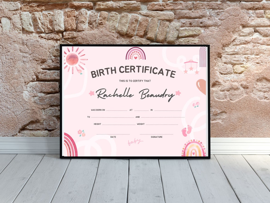 Editable Baby Birth Certificate Template Pink Boho Rainbow Canva Print - Image 8