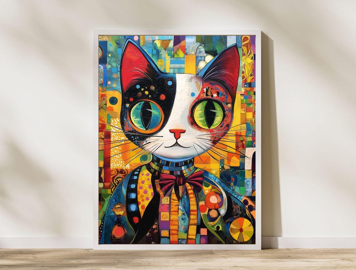 Colorful Mosaic Cat Bow Tie Patchwork Folk Art Cat Lovers Poster - Image 8
