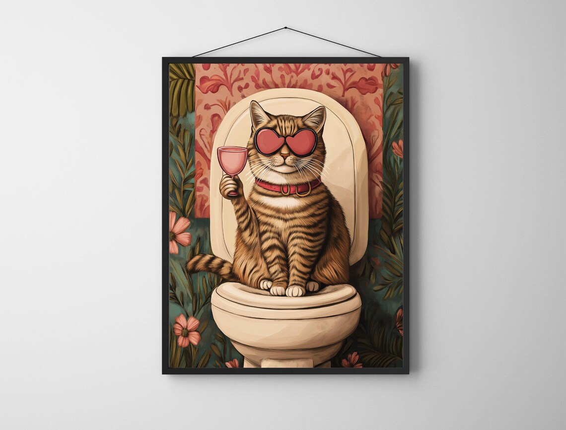 Funny Tabby Cat Heart Sunglasses Toilet Cocktail Humor Art Print - Image 6