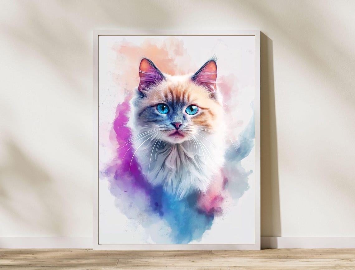 Blue Eyed Kitten Watercolor Portrait Pastel Splash Cat Poster - Image 7