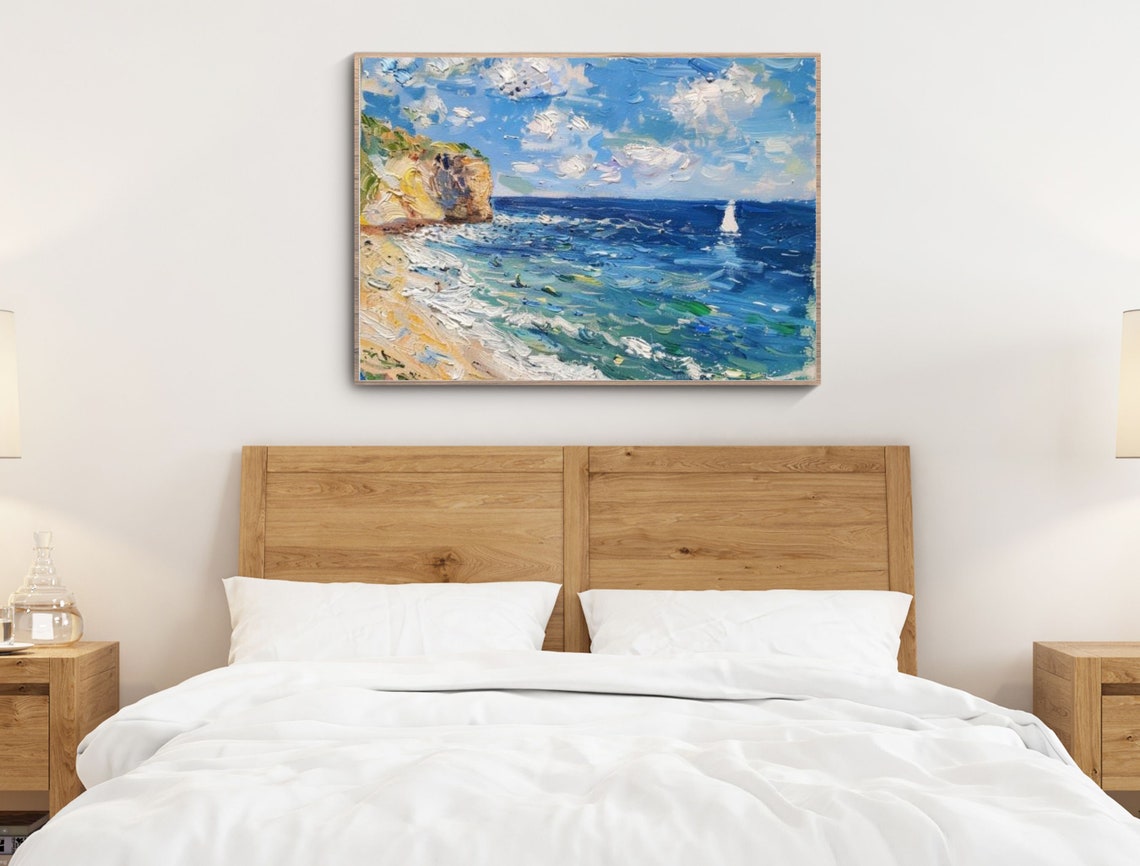 Impressionist Coastal Cliffs Sailboat Blue Sea Oil Painting Poster - Image 6