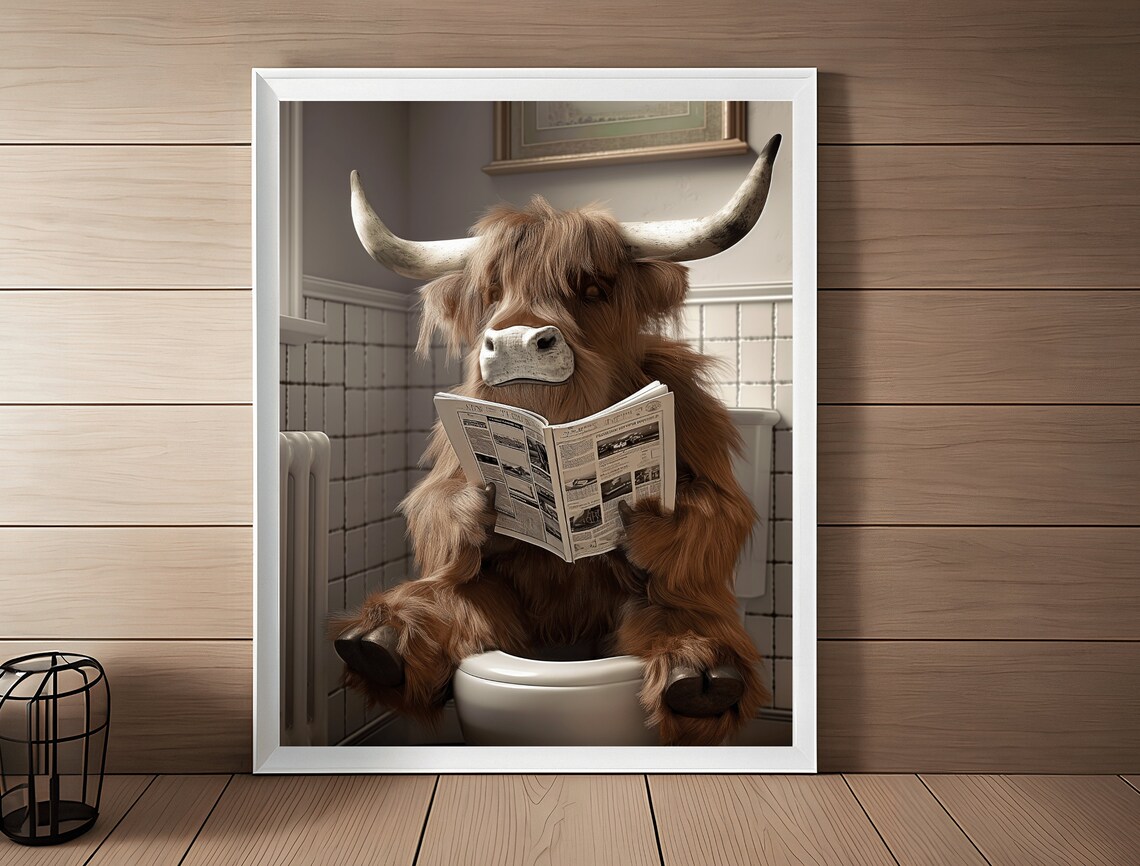 Funny Highland Cow Sitting on Toilet Reading Newspaper Poster - Image 8