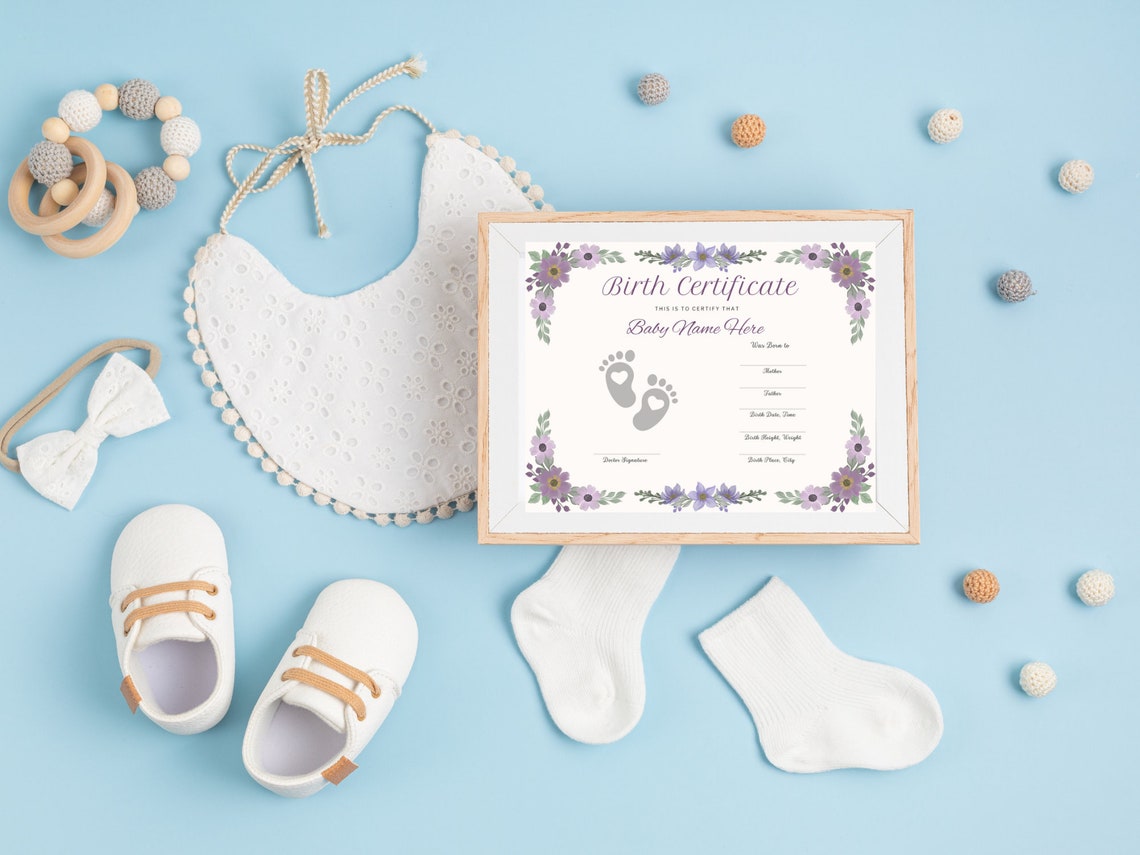 Baby Birth Certificate Keepsake Floral Template Footprint Print - Image 2