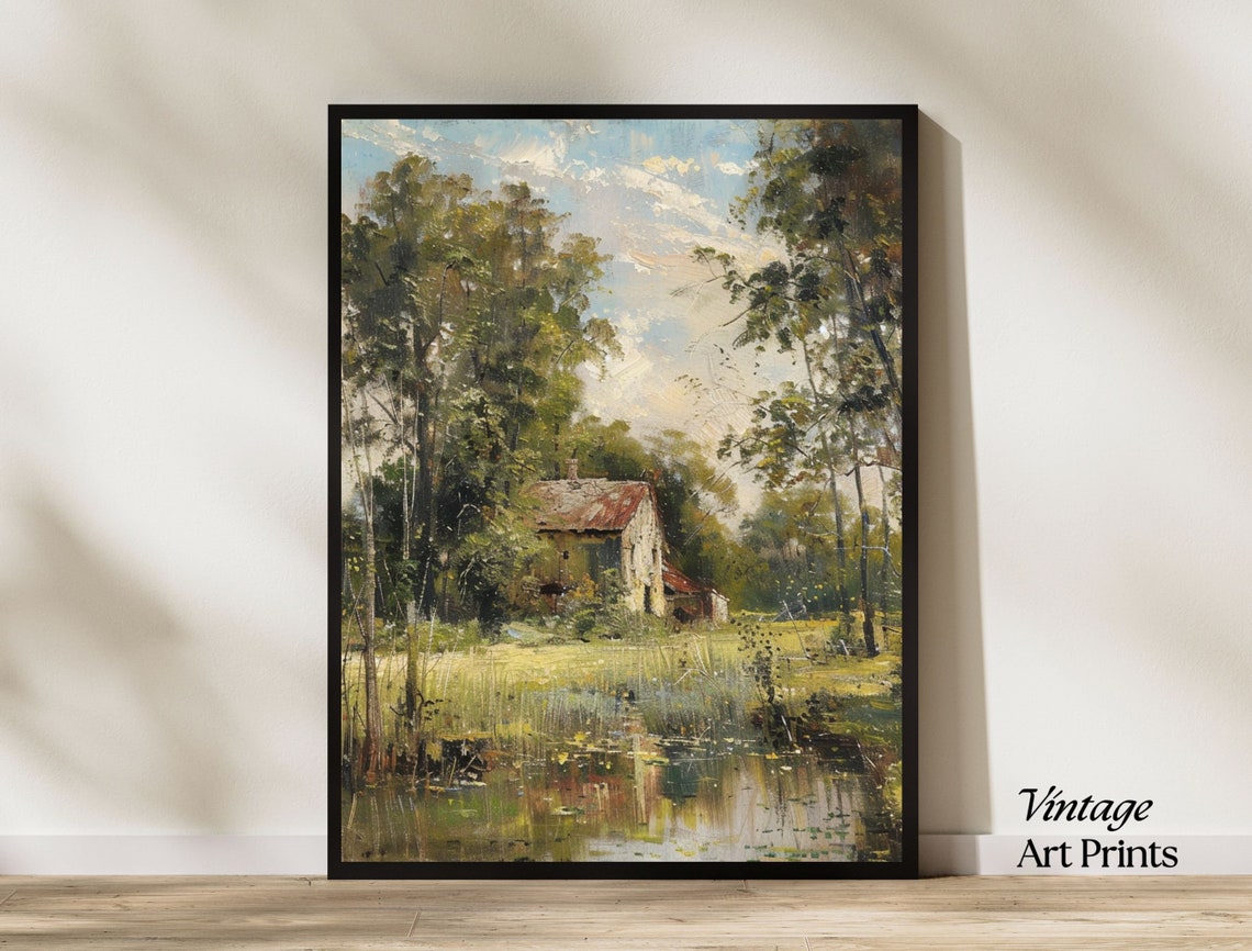 Rustic Stone Cottage by a Calm Still Pond Countryside Art Poster