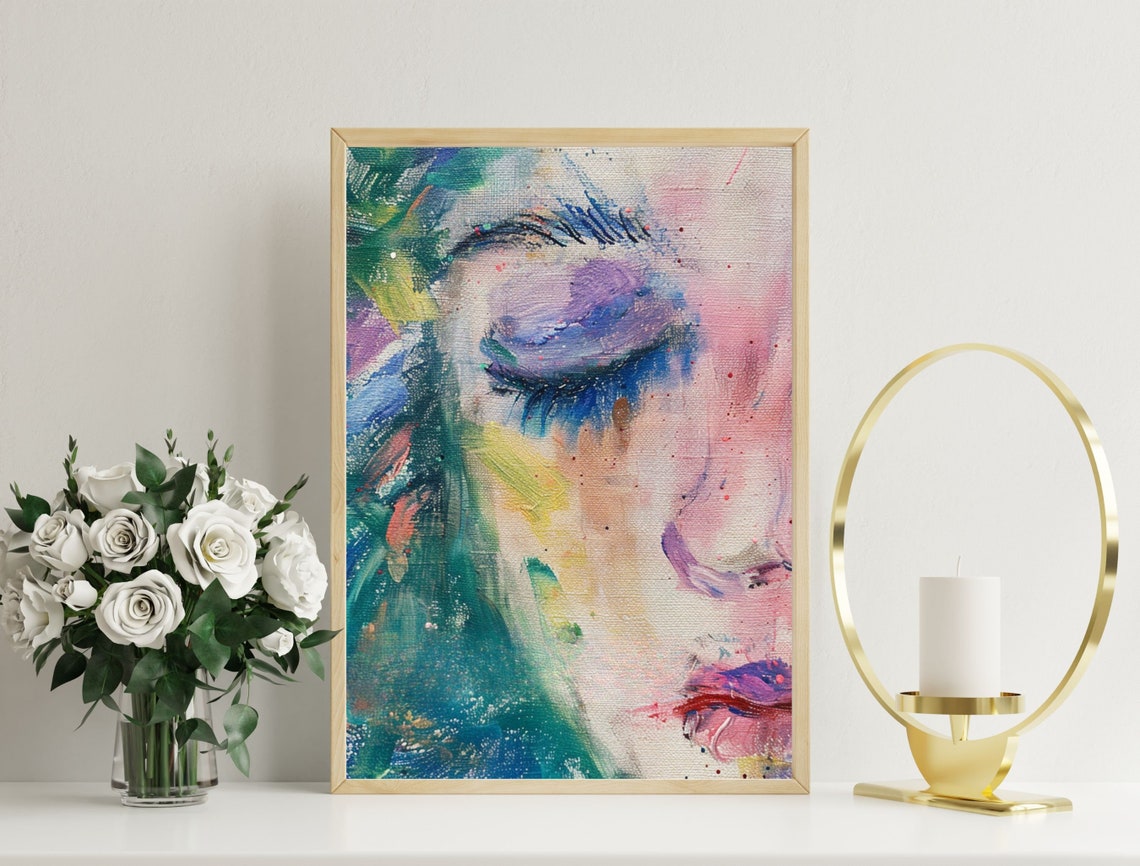 Abstract Watercolor Woman Face Close Up Pastel Color Splash Poster - Image 2