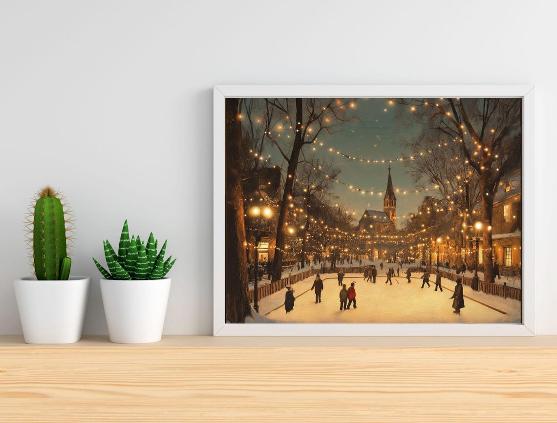 Winter Ice Skating Pond String Lights Church Vintage Art Print - Image 3