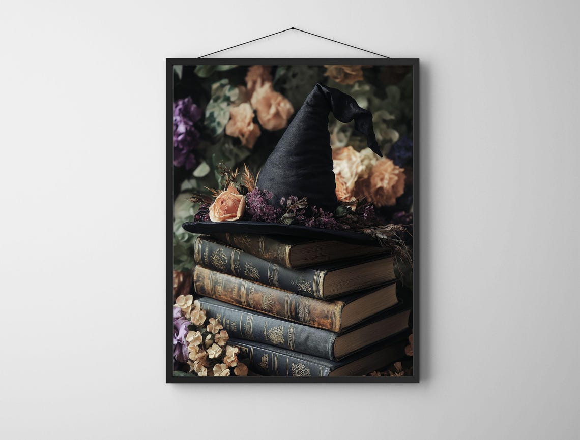 Witch Hat with Flowers on Antique Books Dark Academia Poster - Image 5