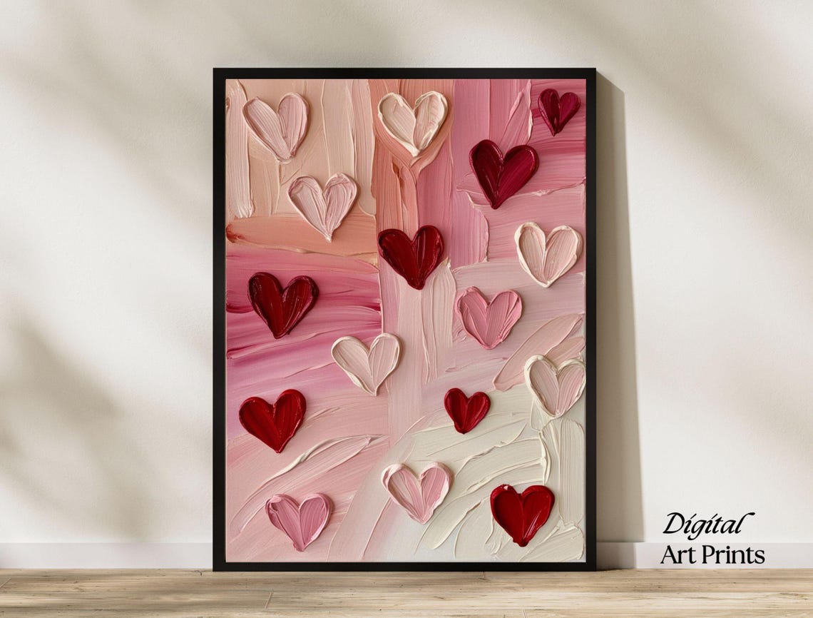 Textured Impasto Hearts Painting Pink Red Valentine Love Art Poster
