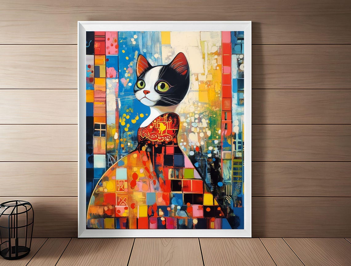 Colorful Mosaic Tuxedo Cat Abstract Patchwork Portrait Art Print - Image 3