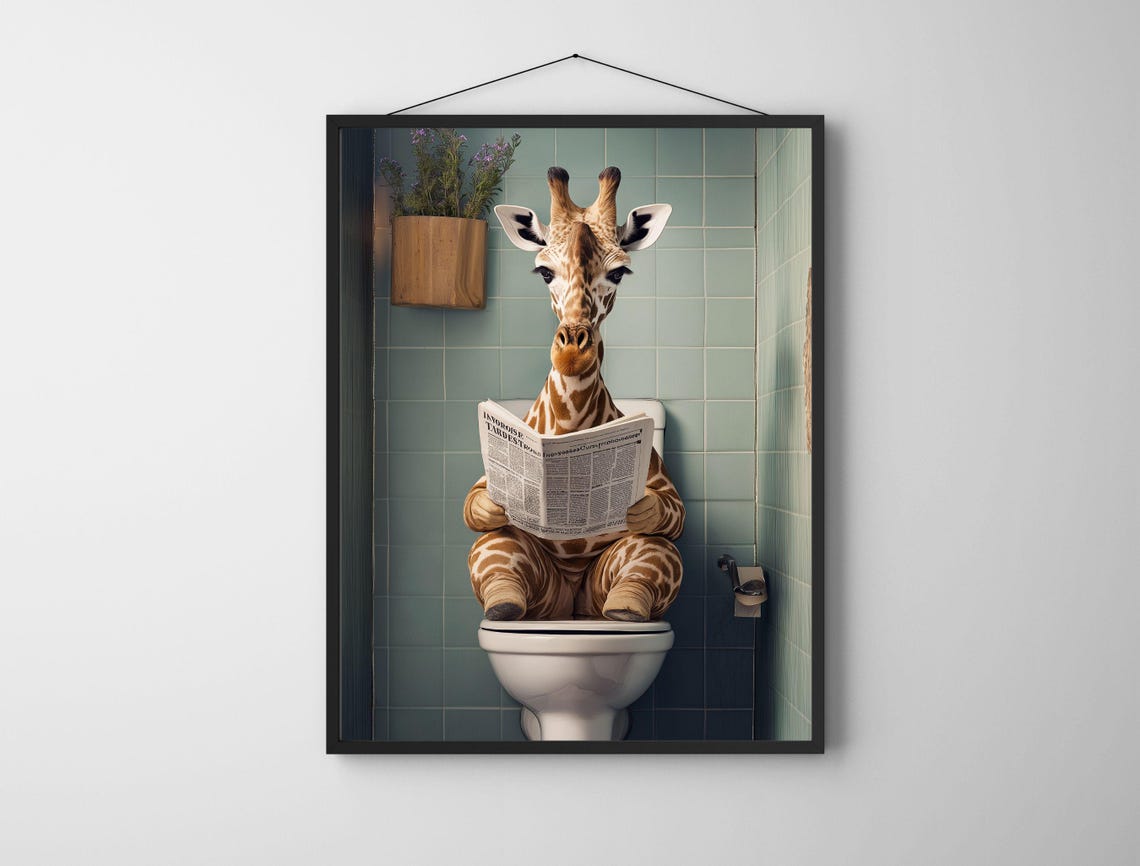 Funny Giraffe Toilet Newspaper Tiled Bathroom Humor Art Print - Image 5