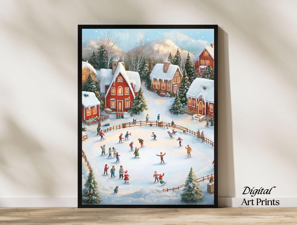 Snowy Christmas Village Ice Skating Scene Vintage Winter Town Poster