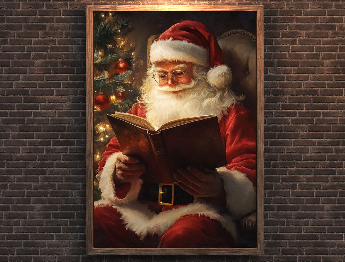 Santa Claus Reading Book by Christmas Tree Cozy Holiday Poster - Image 7