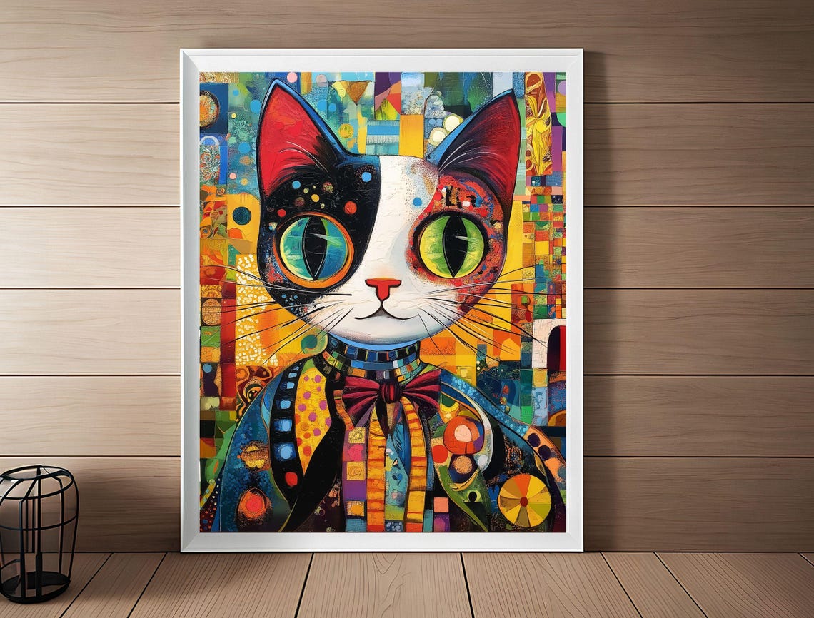 Colorful Mosaic Cat Bow Tie Patchwork Folk Art Cat Lovers Poster - Image 4