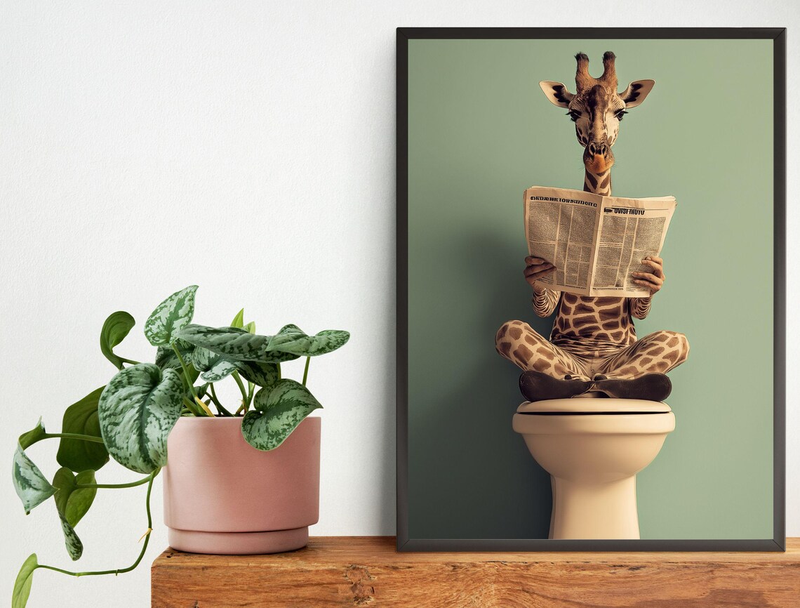 Funny Giraffe on Toilet Reading Newspaper Bathroom Art Print - Image 7