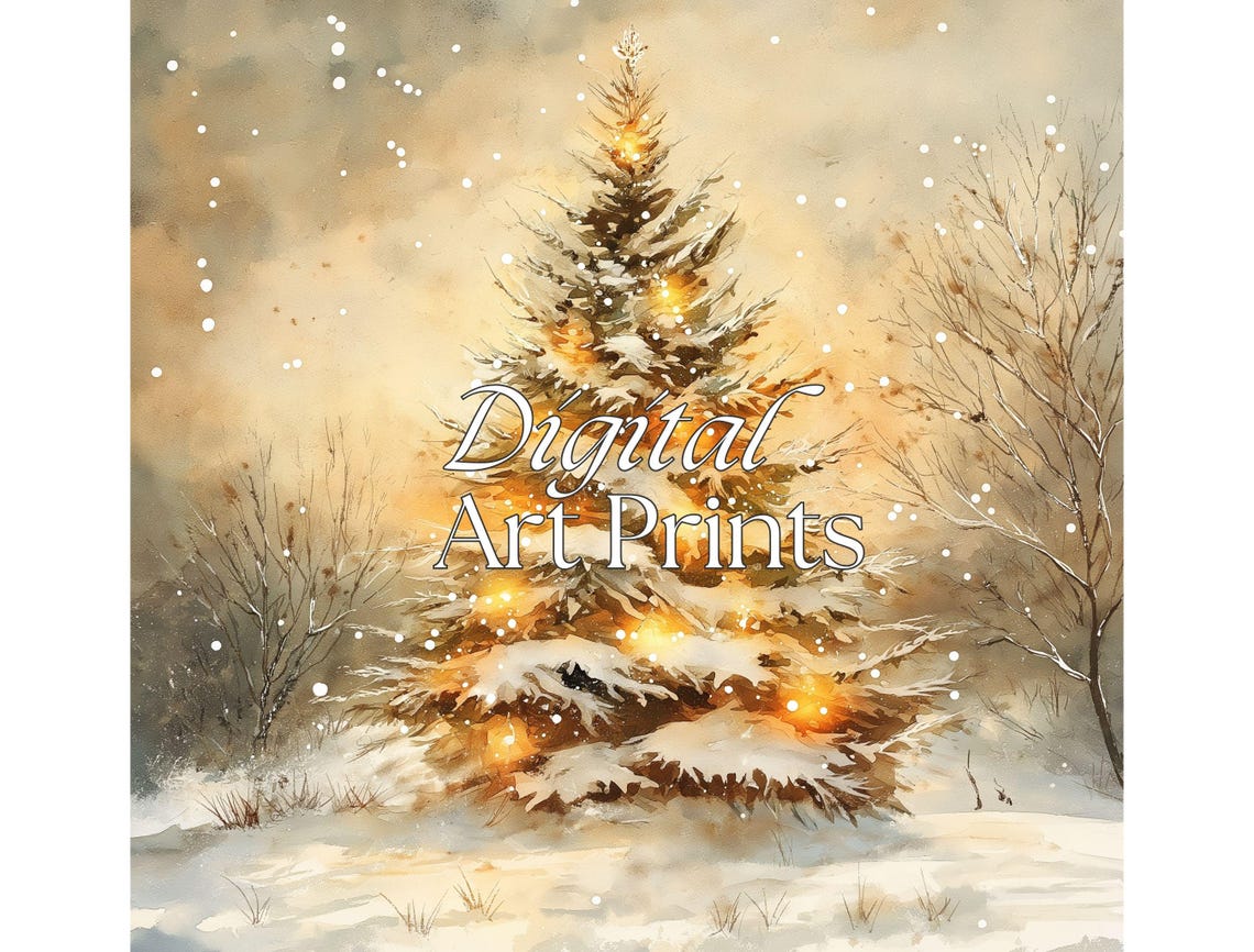 Glowing Snow Covered Pine Tree Winter Watercolor Holiday Poster - Image 2