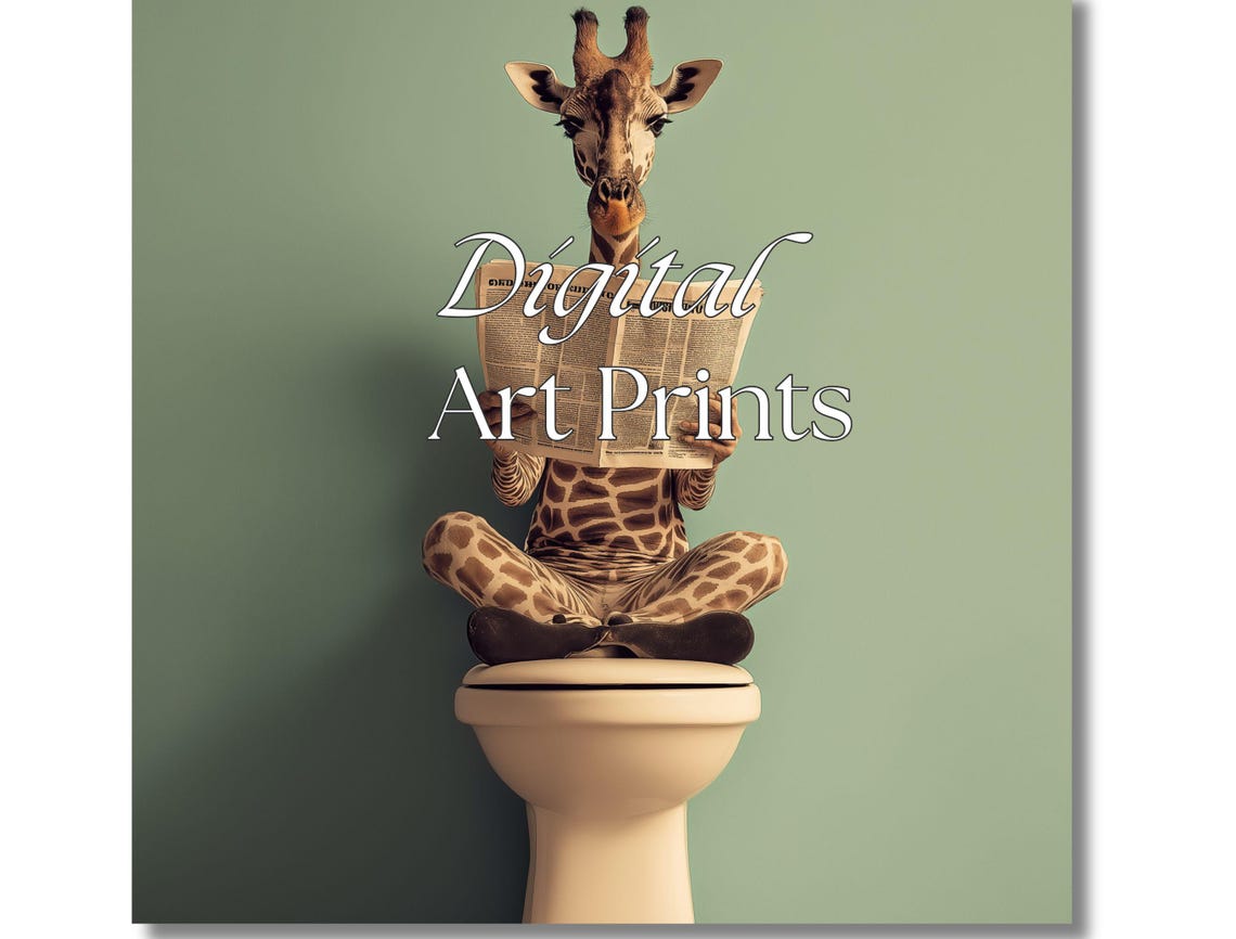 Funny Giraffe on Toilet Reading Newspaper Bathroom Art Print - Image 5