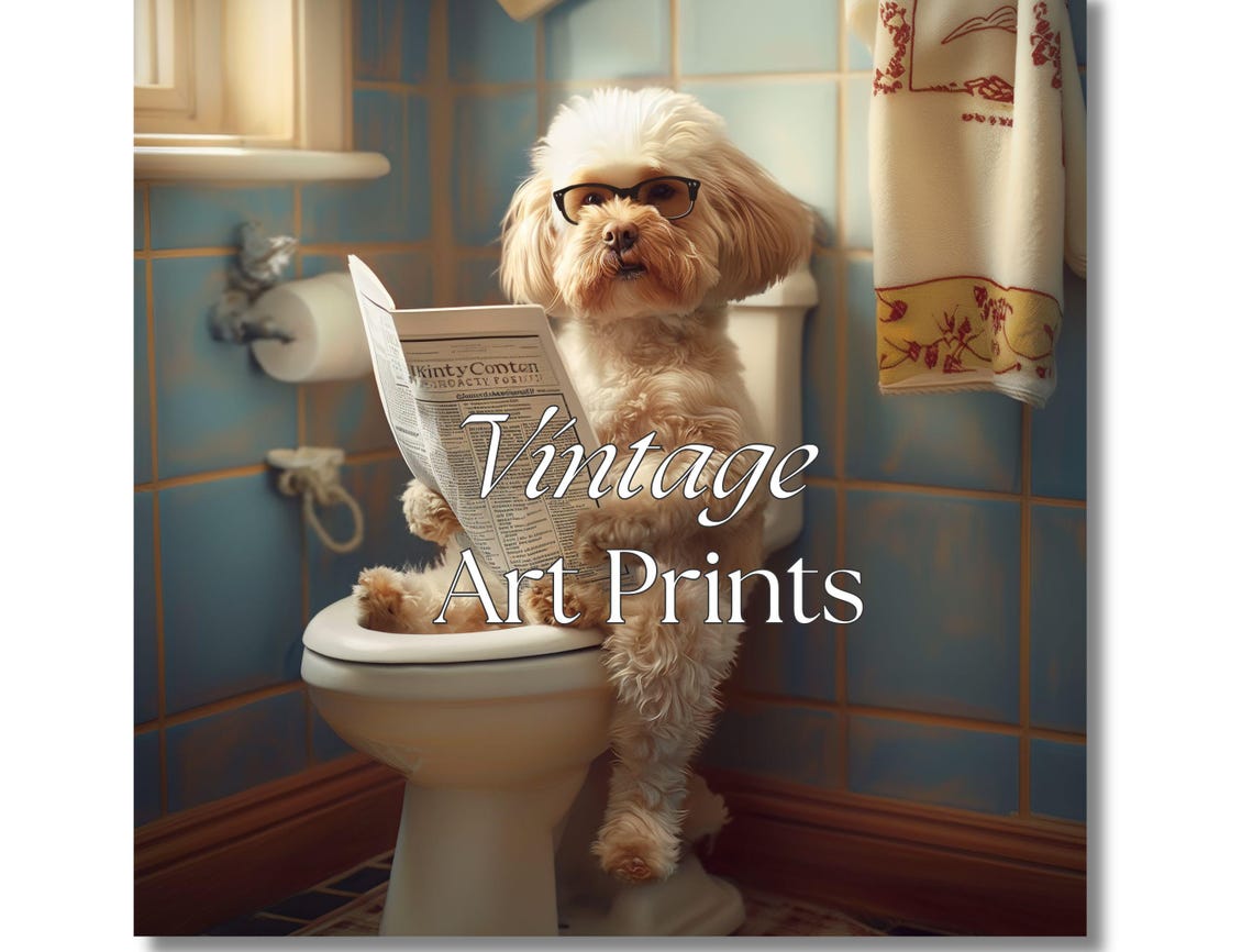 Funny Fluffy Dog with Glasses Reading Newspaper Bathroom Poster - Image 3