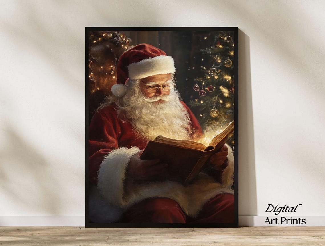 Santa Claus Reading Glowing Book by Christmas Tree Cozy Art Poster