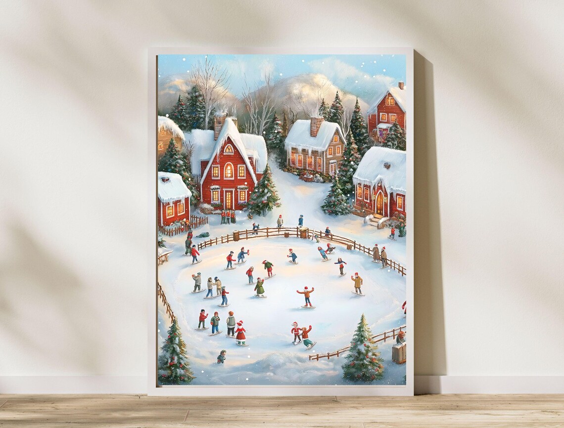 Snowy Christmas Village Ice Skating Scene Vintage Winter Town Poster - Image 8