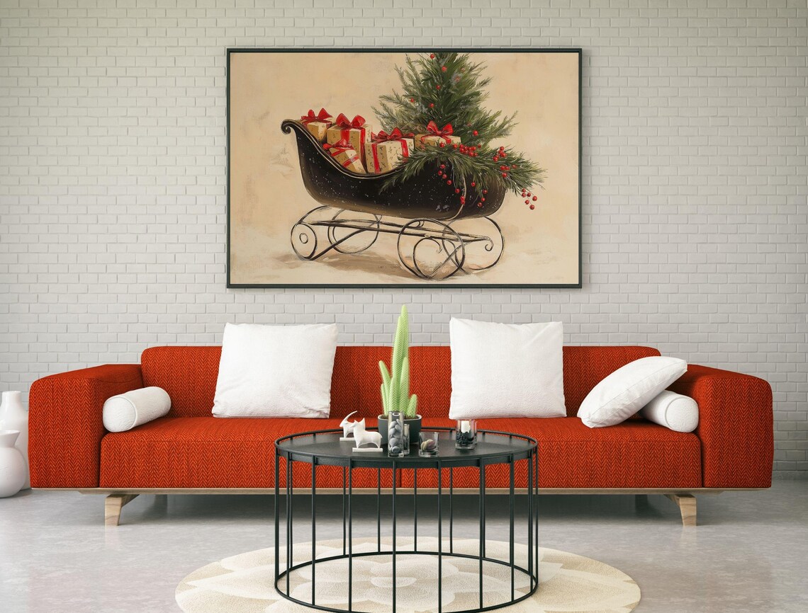 Vintage Christmas Sleigh with Gifts and Tree Rustic Holiday Poster - Image 3