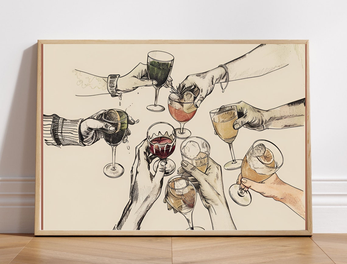 Cheers Toasting Wine Glasses Sketch Bar Cart Celebration Art Poster - Image 8