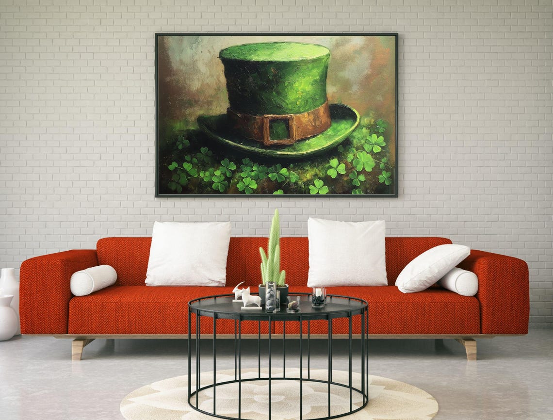Lucky Green Leprechaun Top Hat Shamrock Field Irish Art Print - Image 5