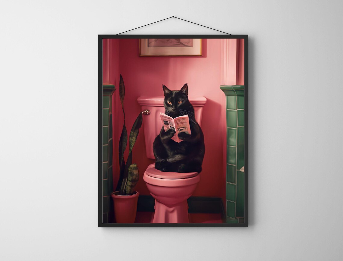 Black Cat Reading a Newspaper on a Retro Pink Toilet Funny Poster - Image 6