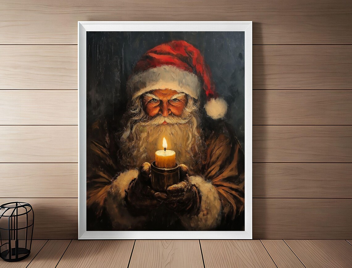 Moody Santa Claus Holding Candle Vintage Dark Christmas Oil Poster - Image 3