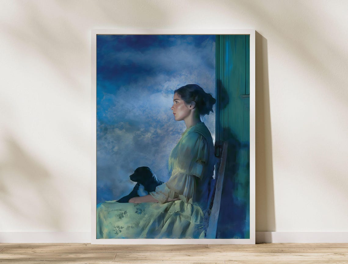 Blue Evening Moody Woman Portrait With Dog Vintage Painting Poster - Image 7
