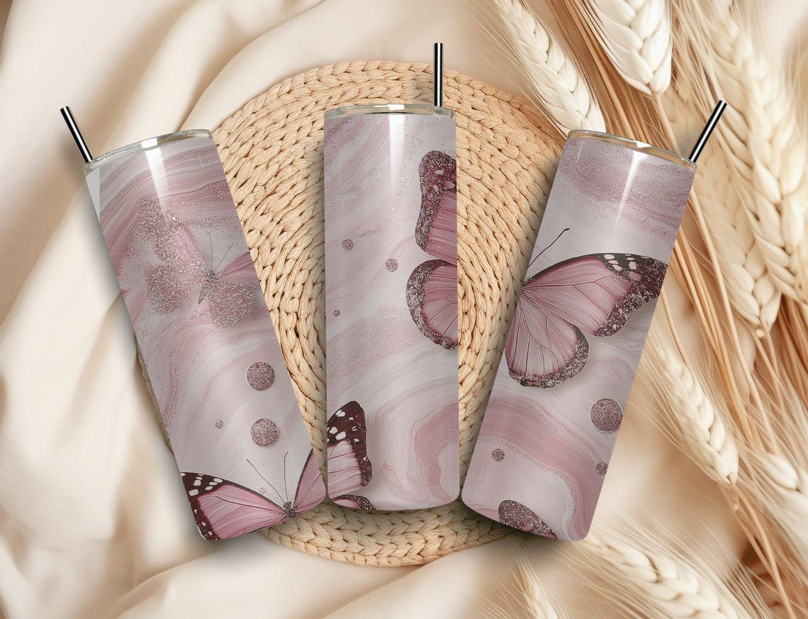 Pink Marble Butterfly Glitter Tumbler Wrap Elegant Design Print - Image 5
