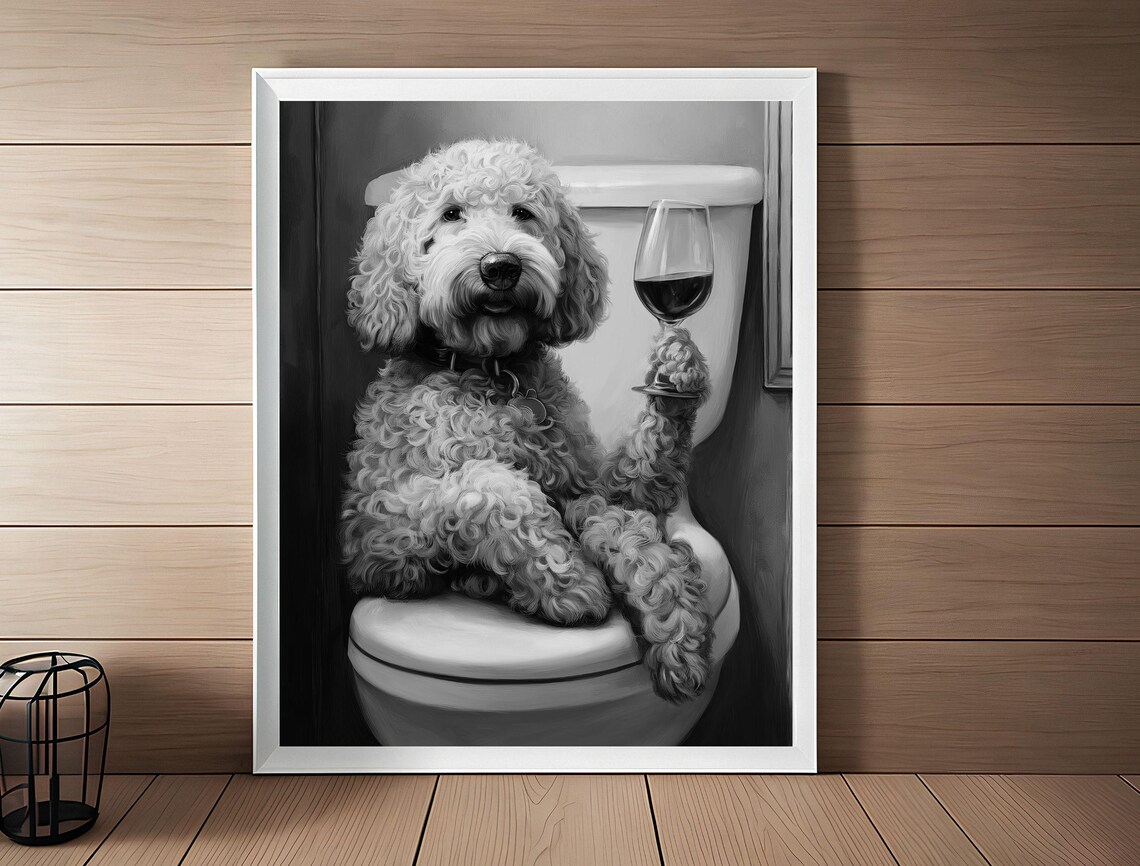 Black And White Doodle Dog On Toilet With Wine Glass Funny Poster - Image 6