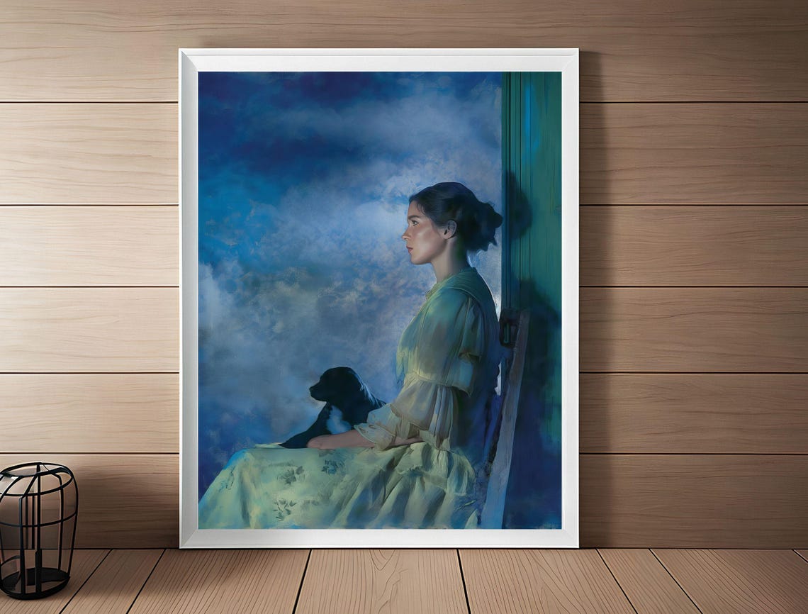 Blue Evening Moody Woman Portrait With Dog Vintage Painting Poster - Image 2