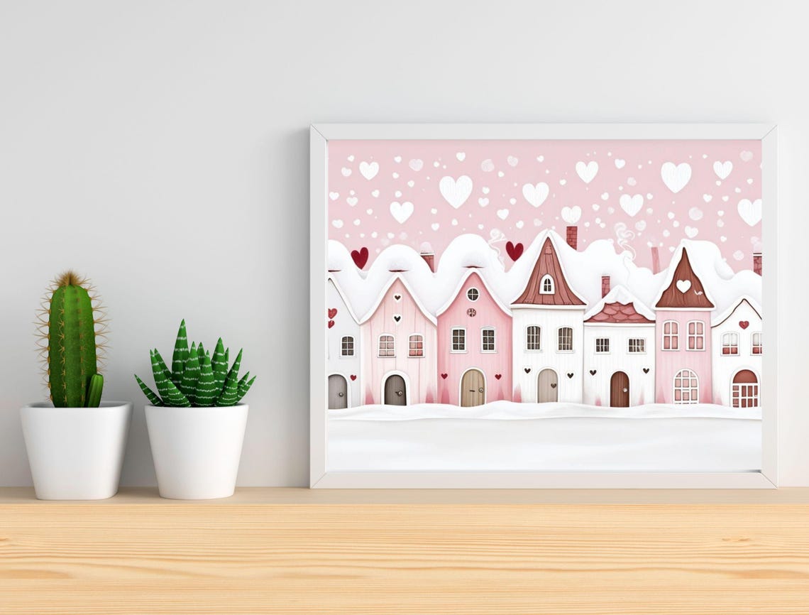 Blushing Pink Snow Village Falling Hearts Winter Romance Art Print - Image 2