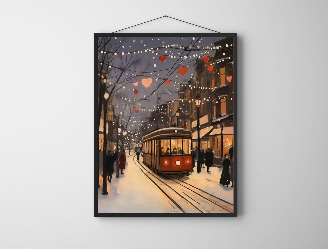 Vintage Winter Night Tram Street Heart Lights Painting Print - Image 6