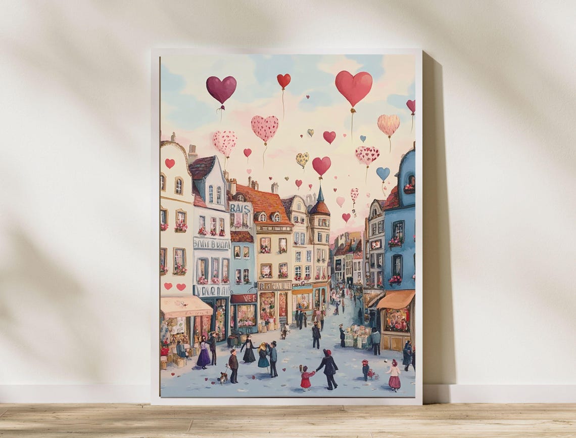 Sunny European Old Town Street Heart Balloons Painterly Art Print - Image 8