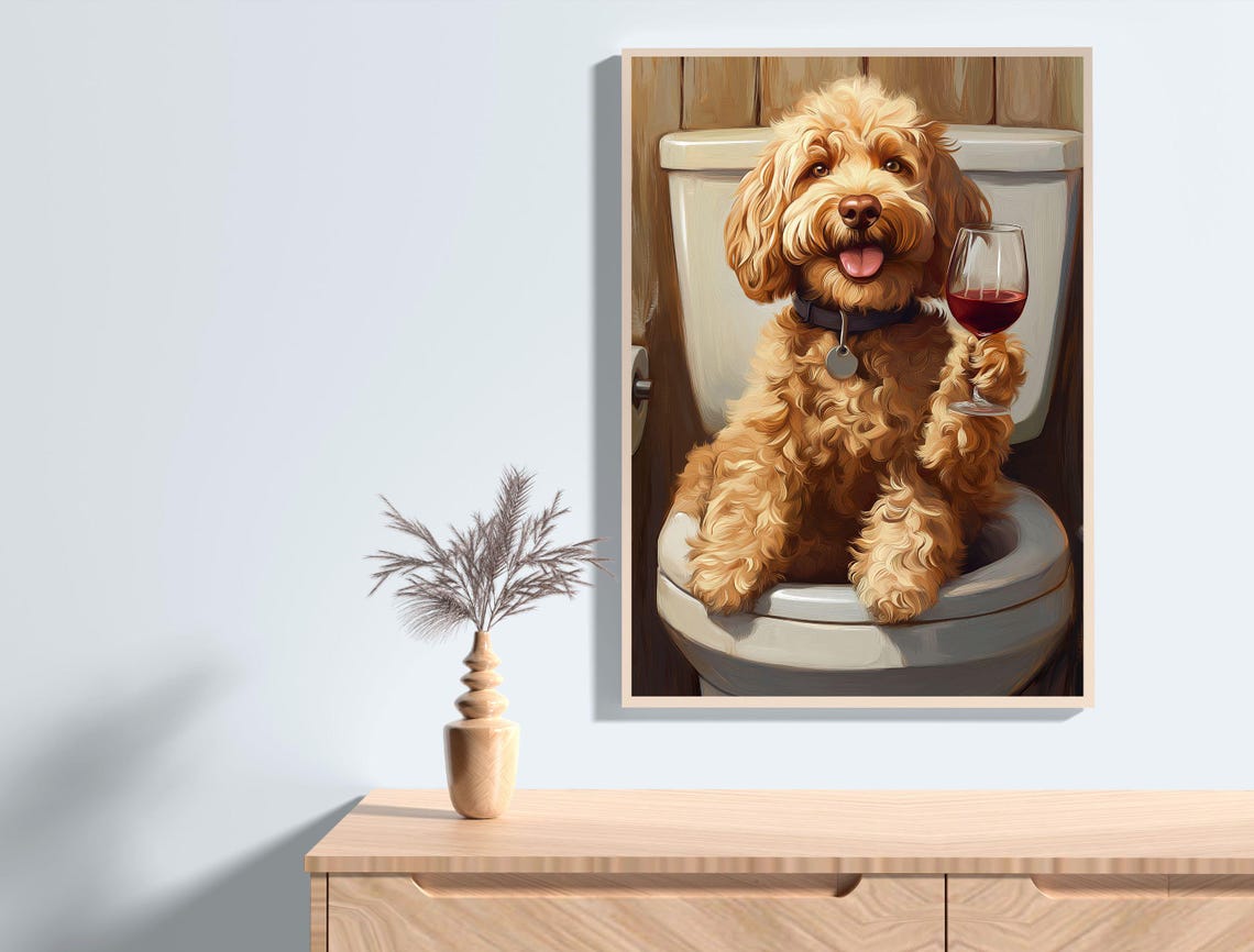 Funny Golden Doodle On Toilet Holding Wine Glass Bathroom Humor Poster - Image 2