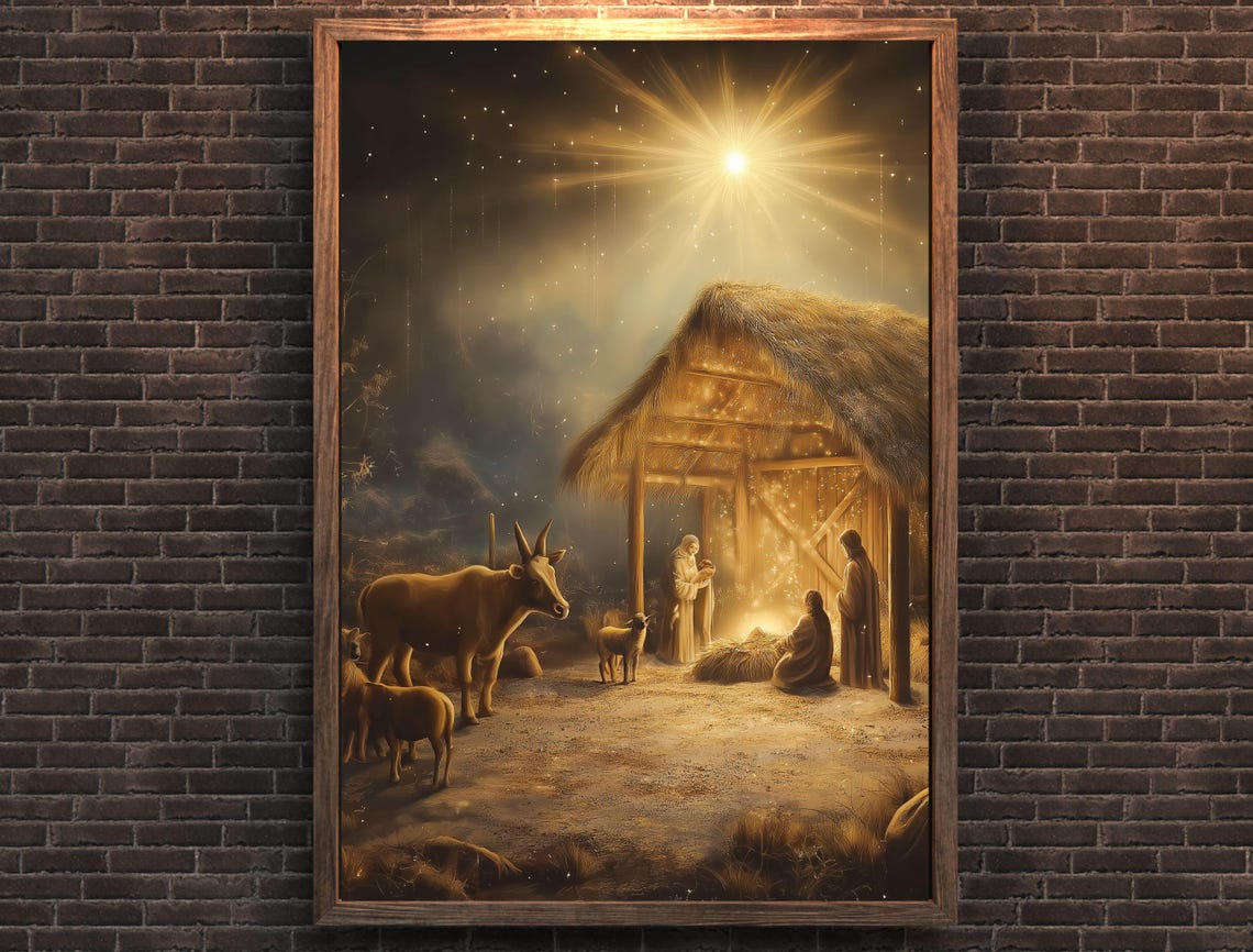 Holy Golden Nativity Scene Manger Star Night Christmas Art Print - Image 7