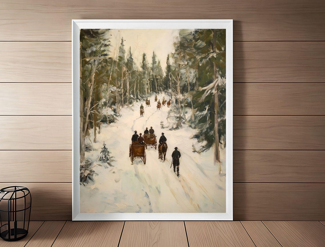 Vintage Nordic Snowy Forest Sleigh Caravan Winter Landscape Poster - Image 3
