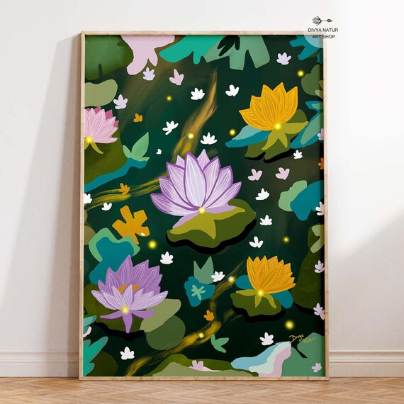 Glowing Lotus Pond at Night with Fireflies Botanical Modern Art Print