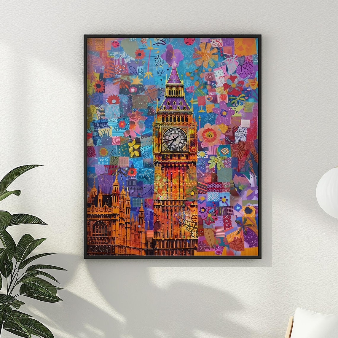 Big Ben London Vibrant Patchwork Floral City Landmark Art Poster