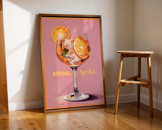 Aperol Spritz Cocktail Pink Bar Art Orange Garnish Kitchen Poster