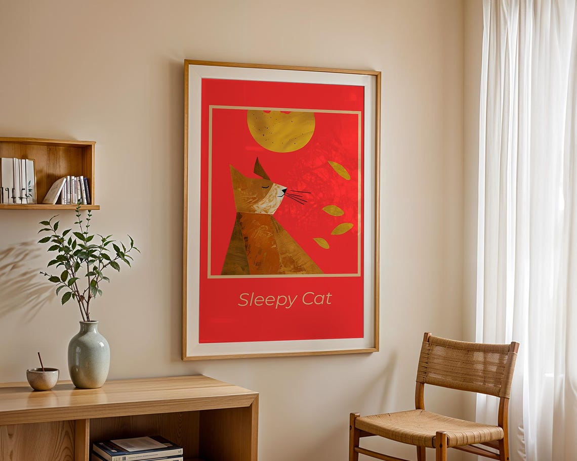 Sleepy Cat Geometric Ginger Cat Mid Century Modern Decor Poster