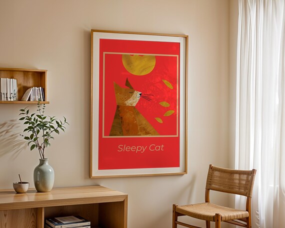 Sleepy Cat Geometric Ginger Cat Mid Century Modern Decor Poster