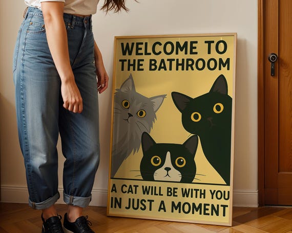 Welcome To The Bathroom Vintage Cat Poster Print